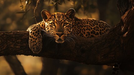 Wall Mural - Leopard Resting on Tree Branch in Golden Light