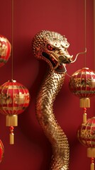 Happy chinese new year, year of the snake zodiac sign hanging beautiful lantern and flowers on red background. Chinese new year decorations.