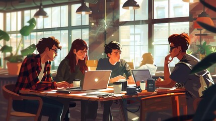 Fototapete - A group of young entrepreneurs brainstorm ideas together at a café, surrounded by laptops, notebooks, and steaming coffee cups. Generative AI