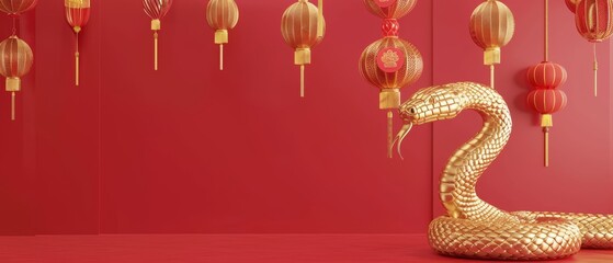 Wall Mural - Happy chinese new year, year of the snake zodiac sign hanging beautiful lantern and flowers on red background.