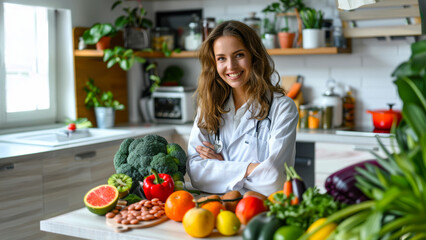 Woman in a lab coat standing in a kitchen surrounded by fresh fruits and vegetables, focusing on healthy eating and nutrition