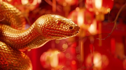 Wall Mural - Happy chinese new year, year of the snake zodiac sign hanging beautiful lantern and flowers on red background.