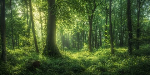  A vibrant forest scene featuring tall trees and lush green undergrowth. The image encapsulates the serenity and richness of a dense, natural woodland environment.
