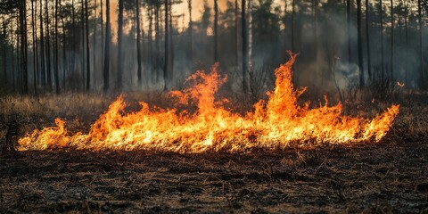 Wall Mural - A controlled fire burns in a designated area of the forest as part of a prescribed burn to manage vegetation and promote forest health 