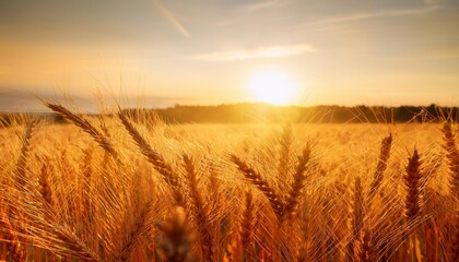 Wall Mural - the golden wheat field is bathed in the warm glow of sunset with the sun setting behind it the grain heads stand tall and full as if they were ready to be harvested