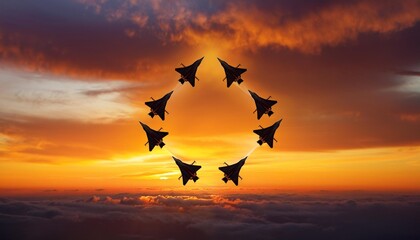 Sticker - four fighter jets in the shape of a diamond in the sky beautiful sunset