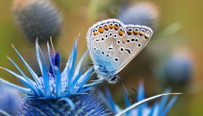 Wall Mural - common blue butterfly polyommatus icarus on blue eryngo eryngium planum