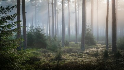 Wall Mural - misty morning woodland with soft focus trees in the distance