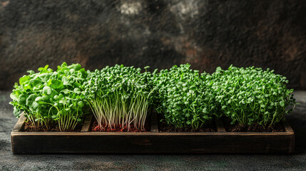 Wall Mural - variety of microgreens displayed on wooden trays, showcasing fresh, vibrant, and healthy greens. The image captures the diversity of plant life in a natural setting, emphasizing organic growth and sus