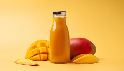 Wall Mural - a clear bottle of mango juice with ripe mangoes and slices placed on a solid yellow background capturing the tropical sweetness and freshness