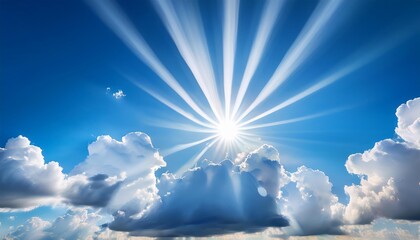 Wall Mural - sun rays shining through fluffy white clouds in a bright blue sky sun rays clouds blue sky sunlight beams nature