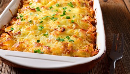 hashbrown casserole is creamy hearty meal is perfect for potlucks parties and to serve as a side closeup in the baking dish on the wooden table vertical