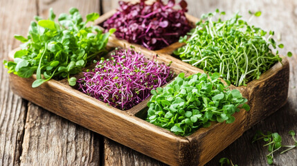 Wall Mural - variety of microgreens displayed on wooden trays, showcasing fresh, vibrant, and healthy greens. The image captures the diversity of plant life in a natural setting, emphasizing organic growth and sus