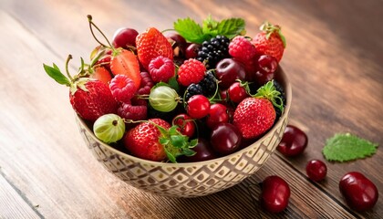 Wall Mural - various fresh berries in a bowl mix of different fresh berries on wooden background strawberries raspberries gooseberries and cherries are presented