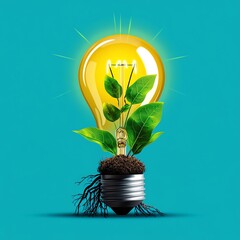 Wall Mural - Innovative concept of a light bulb with growing plants, symbolizing sustainability and eco-friendly energy solutions.