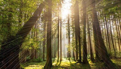 Wall Mural - high green trees in the forest with the sun rays in brussels