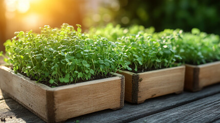 Poster - variety of microgreens displayed on wooden trays, showcasing fresh, vibrant, and healthy greens. The image captures the diversity of plant life in a natural setting, emphasizing organic growth and sus