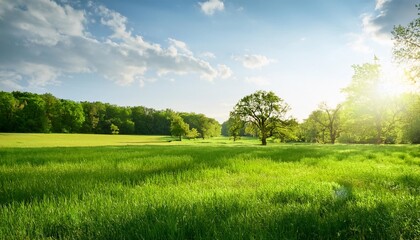 Wall Mural - a lush field of green grass dotted with trees sun rays filter through leaves on the distant horizont illuminating the background