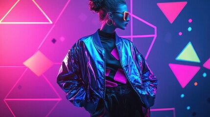 Poster - Stylish Woman in Neon Lights with Holographic Jacket