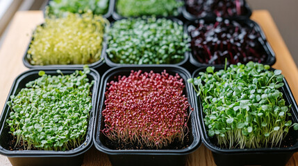 Wall Mural - variety of microgreens displayed on wooden trays, showcasing fresh, vibrant, and healthy greens. The image captures the diversity of plant life in a natural setting, emphasizing organic growth and sus