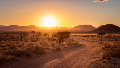 Wall Mural - a dirt road winds through a vast arid landscape as the sun sets in the distance ai