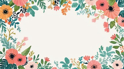 Wall Mural - Watercolor Floral Frame  Peach and Green Flower Border  Blank Template  Greeting Card Design