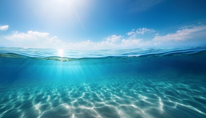 Sticker - tranquil sea water surface on a sunny day underwater sea in sunlight tropical blue ocean underwater background