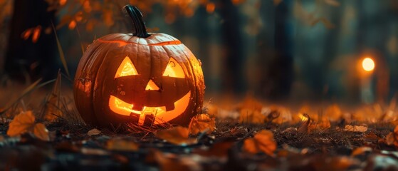 Poster - Glowing jack-o'-lantern outdoors among autumn leaves at twilight