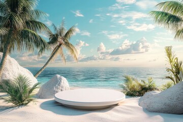 Wall Mural - Beach podium summer background product 3D display platform. Serene beach with round platform and palm trees. Pedestal promotion presentation ad with generative ai