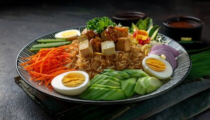 Wall Mural - Delicious Asian Salad with Fried Tofu, Avocado, and Egg