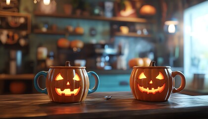 Festive pumpkin mugs with glowing faces, perfect for Halloween celebrations and cozy autumn gatherings.