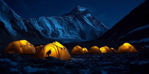 high altitude adventure: illuminated tents at everest base camp