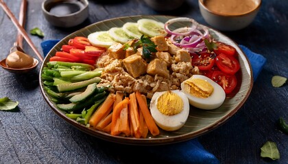 Wall Mural - Colorful and Delicious Asian Salad Bowl with Tofu and Boiled Eggs