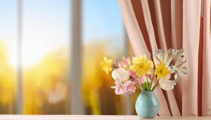 Wall Mural - pastel colored curtain and vase with spring flowers on sunny background generative ai