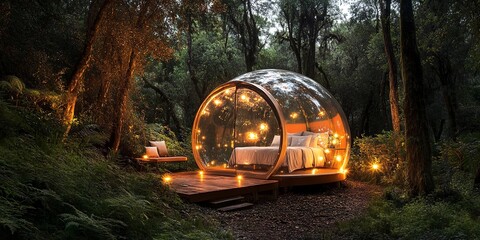 Wall Mural - Experience luxury camping in a forest glamping bubble dome, complete with LED lights for a magical nighttime ambiance. 