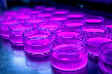 Poster - Neon lit laboratory with rows of vibrant purple samples emphasizing modern genetic testing