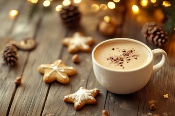 Cup of coffee with christmas cookies on wooden table and bokeh background with copy space with generative ai