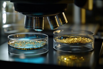 Sticker - Automated laboratory technology analyzing golden samples under blue illumination