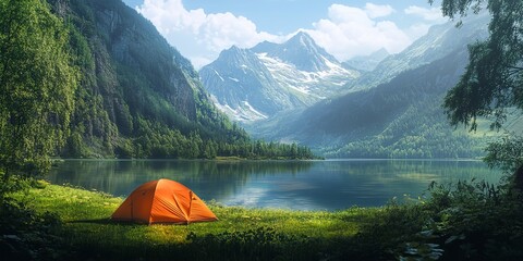 a vivid scene featuring a solitary orange tent by a lake surrounded by majestic mountains and lush g