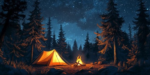 Wall Mural - Scenic night camping in a forest with a brightly lit tent and campfire under a starry sky, surrounded by tall pine trees. 