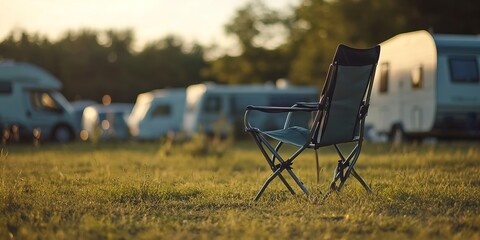 Wall Mural - Close-up of a folding chair on a meadow at a campsite. Blurred background of caravans. -