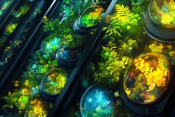 Sticker - Glowing botanical samples in a controlled environment displaying vibrant ecosystems