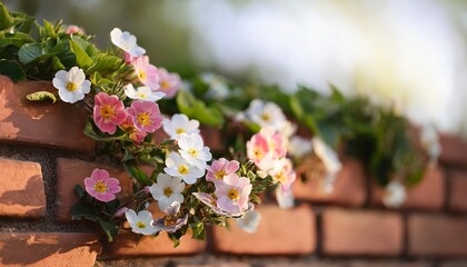 Wall Mural - close up of flowers growing on a brick wall