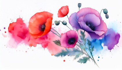 Wall Mural - a poppies branch is surrounded by pink purple and blue watercolor blots on a white background