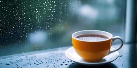 Poster - A cup of tea or coffee is served in a rainy day with a window glass background and waterdrops on it 