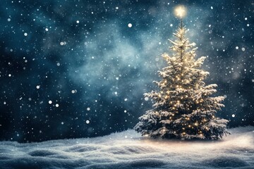 Digital composite of Christmas tree with snow and stars in the night sky. Christmas background with christmas tree, snow and stars. with generative ai