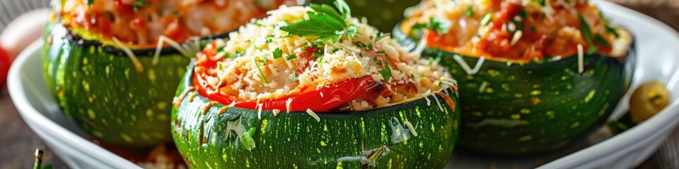 Canvas Print - Italian-Style Stuffed Round Zucchini with Sausage, Parmesan Cheese, Bell Pepper, Egg, and Bread Crumbs in a White Bowl