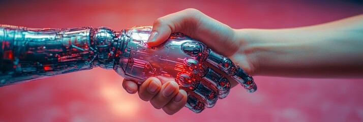 A human and a robot shake hands, symbolizing the cooperation between AI and humans.