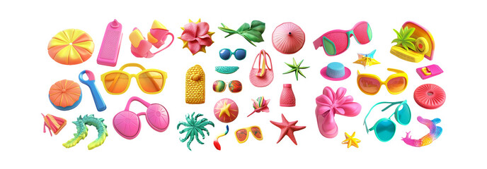 Wall Mural - Summer accessory set isolated on transparent background. Various colorful summer-themed accessories like sunglasses and beach toys.