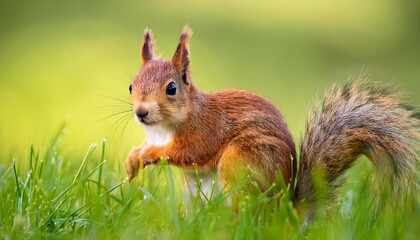 macro closeup of wild squirrel on green grass blurry background